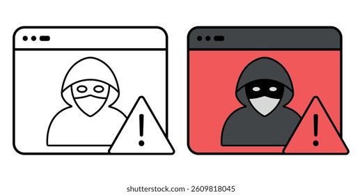 Hacker pop-up screen icon in outline and color style. Cybercriminal alert window with warning sign, representing malware, phishing, or a security threat.