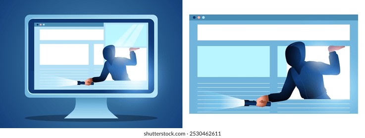 Hacker interpretou um ladrão entrando em um sistema de computador, abrindo uma janela com uma lanterna na mão. Conceitos de segurança cibernética, cibercrime, segurança da internet, violações de dados e privacidade on-line