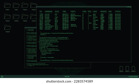 Hacker und Programmierer Desktop-Schnittstelle. Codefenster und Ordner. Vektorcomputer-Schnittstelle. Digital-Desktop-Bildschirm für die Benutzeroberflächenentwicklung.