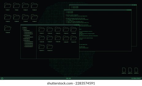 Hacker and programmer desktop interface. Code window and folders. Vector computer interface. UI development digital desktop screen.