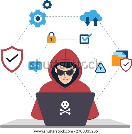 Hacker or programmer using laptop for cyber crime or data protection surrounded by security icons