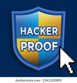 hacker proof, simple blue and orange shield, cursor, vector illustration 