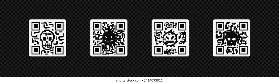 Conjunto de código qr hacker. Logotipo de etiqueta con aplicación peligrosa y maliciosa para el hackeo de datos personales con robo cibernético de información de cuentas y vectores