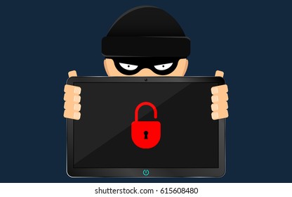 A hacker and a rascal are holding a broken tablet in their hands. A serious problem, the loss of data. Bandits in a black dark mask hides his face. Flat style