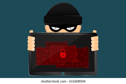 A hacker and a rascal are holding a broken tablet in their hands. A serious problem, the loss of data. Bandits in a black dark mask hides his face. Flat style. Many open folders