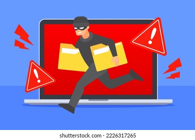 Hacker runs out of laptop with document folders icons. Data breach or cybercrime concept. System security threat warning alert. Computer file stealing. Technology flat cartoon vector illustration.