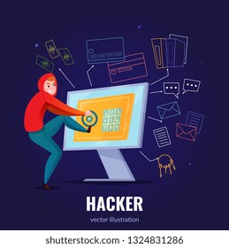Hacker safe composition with man in hoodie hacks computer and climbs inside vector illustration