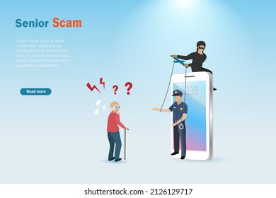 Hacker Scam, Phishing Senior Man Puppeted As Police. Digital Cyber Crime, Hacking, Phishing, Scam Alert  And Cyber Security Awareness Concept.