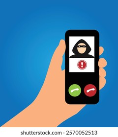 Hacker or Scammer Calling on Mobile Phone Flat Style. Phishing and illegal online activity concept vector art