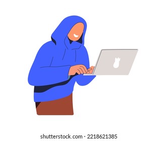 Hacker scammer at laptop computer. Online fraud, scam, cyber crime concept. Anonymous man, fake person swindler cheating via internet. Flat graphic vector illustration isolated on white background