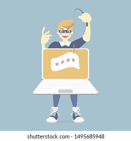 hacker scammer online stealing password with computer note book laptop, phishing cyber crime concept,  flat vector illustration  character cartoon design clip art