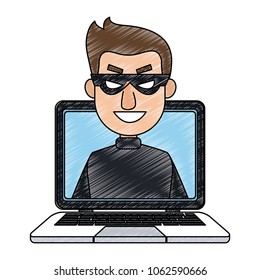 Hacker searching on laptop scribble