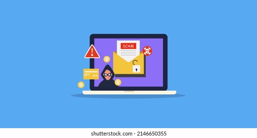 Hacker Sending Phishing Email To Steal Personal Information, Email Scam, Email Fraud - Flat Design Vector Illustration With Icons