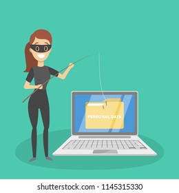 Hacker set. Female hief attack computer and steal personal data. Digital security concept. Isolated vector flat illustration