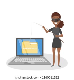 Hacker set. Female thief attack computer and steal personal data. Digital security concept. Isolated vector flat illustration