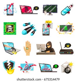 Hacker Set Of Isolated Conceptual Images Of Computer Viruses Wire Fraud Password Breaking And Cyberterrorism Pictograms Vector Illustration