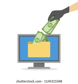 Hacker set. Thief attack computer and steal money. Digital security concept. Isolated vector flat illustration