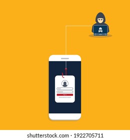 Hacker and sign-in form on fishing hook on the screen of a smartphone. Scam and phishing concept.