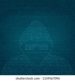 Hacker. Silhouette of a man in a hood and glasses on the background of binary code on the monitor screen. Vector illustration.
