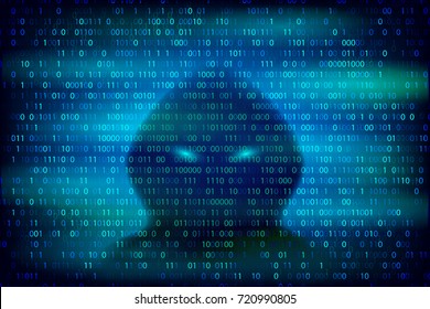 Hacker silhouette on the blue background with binary code texture. Cyber crime and cyber security conceptual vector illustration.