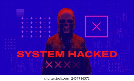 Hacker Silhouette on Blue BSOD Glitched Background. System Hacking Attack. Online Security and Safety Concept. Glitch 3D Skull Mesh Malware Attention Sign. Computer Hacked Error Concept. Vector.
