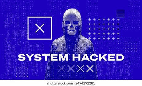 Hacker Silhouette on Blue BSOD Screen. System Hacking Cyber Attack. Global Outage Malware Attention Sign. Computer Hacked Error Concept. Vector Illustration.