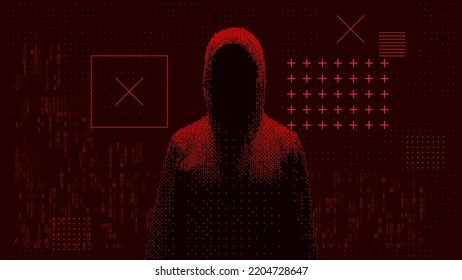 Hacker Silhouette On Dark Red Glitched Background. Anonymous Person. Personal Data Security, Ransomware, Cyber Security, Email Phishing, Data Breach, Hacker Attack, Darknet Vector Illustration.