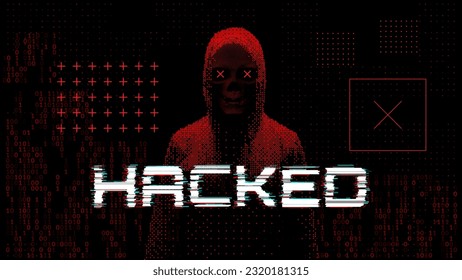 Hacker Silhouette On Dark Red Glitched Background. System Hacking Attack. Online Security and Safety Concept. Glitch 3D Skull Mesh Malware Attention Sign. Computer Hacked Error Concept. Vector.