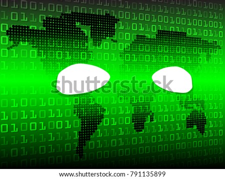 Hacker Silhouette On Green Background With Binary Code Texture. Cyber Crime And Cyber Security Conceptual. Abstract Technological Binary Number Background And World Map. Vector Illustration.