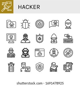 iconos simples de hacker conjunto. Contiene iconos como Spyware, Hacker, Antivirus, Malware, Thief, Burglar, Keylogger, Detective, Ddos, Programmer, se pueden utilizar para web, móvil y logotipo