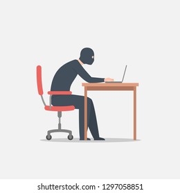 Hacker sits in an office chair behind a Desk with a laptop. Cyber crime crook, hacking a website steals money. Vector illustration isolated on grey background