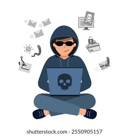 Hacker está sentado no computador, quebrando o nome de usuário e a senha. Fraude de phishing, ataque de hackers e fraudes on-line e roubo.  O conceito de uma carta infectada, um vírus. 