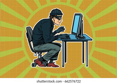 hacker sitting at the computer. Pop art retro vector illustration