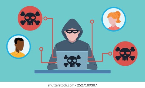 Hacker sentado en el escritorio. Trabajar en el portátil y conectarse a la conferencia de la empresa pirateando la conexión y asumiendo las Cuentas del usuario. Ilustración vectorial de diseño plano. 