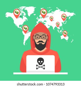 Hacker sitting at the desktop and hacking secret data on the laptop. World map and points on background. Vector illustration.