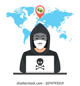 Hacker sitting at the desktop and hacking secret data on the laptop. World map and points on background. Vector illustration.