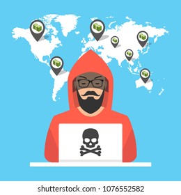 Hacker sitting at the desktop and hacking secret data on the laptop. World map and points on background. Vector illustration.