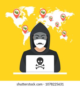 Hacker sitting at the desktop and hacking secret data on the laptop. World map and points on background. Vector illustration.