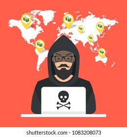 Hacker sitting at the desktop and hacking secret data on the laptop. World map and points on background. Vector illustration.