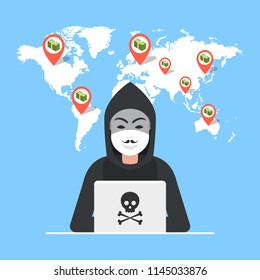 Hacker sitting at the desktop and hacking secret data on the laptop. World map and points on background. Vector illustration.