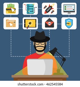 Hacker sitting at the desktop and hacking secret data on the laptop. Icon set. Flat vector illustration.