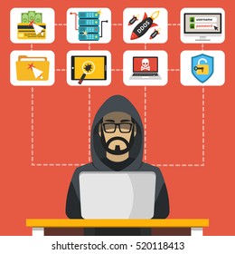 Hacker sitting at the desktop and hacking secret data on the laptop. Icon set. Flat vector illustration.