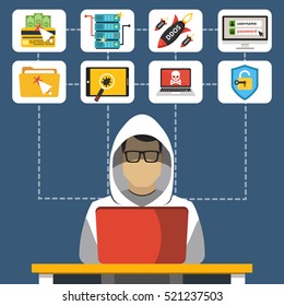 Hacker sitting at the desktop and hacking secret data on the laptop. Icon set. Flat vector illustration.