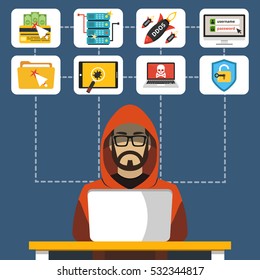 Hacker sitting at the desktop and hacking secret data on the laptop. Icon set. Flat vector illustration.