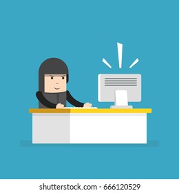 Hacker sitting at the desktop and hacking secret data on the laptop. Icon set. Flat cartoon style. Vector illustration.
