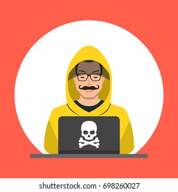 Hacker sitting at the desktop and hacking secret data on the laptop. Flat cartoon style. Vector illustration.
