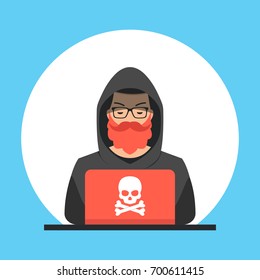 Hacker sitting at the desktop and hacking secret data on the laptop. Flat cartoon style. Vector illustration.
