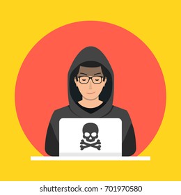 Hacker sitting at the desktop and hacking secret data on the laptop. Flat cartoon style. Vector illustration.
