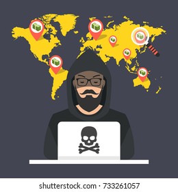 Hacker sitting at the desktop and hacking secret data on the laptop. World map and points on background. Vector illustration.