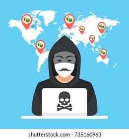Hacker sentado en el escritorio y hackeando datos secretos en el portátil. Mapa mundial y puntos de fondo. Ilustración vectorial.